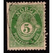1893-98 Norge - AFA 55C - Antiqua skrift - 5 øre grøn - takket på kun 3 sider - Stemplet.